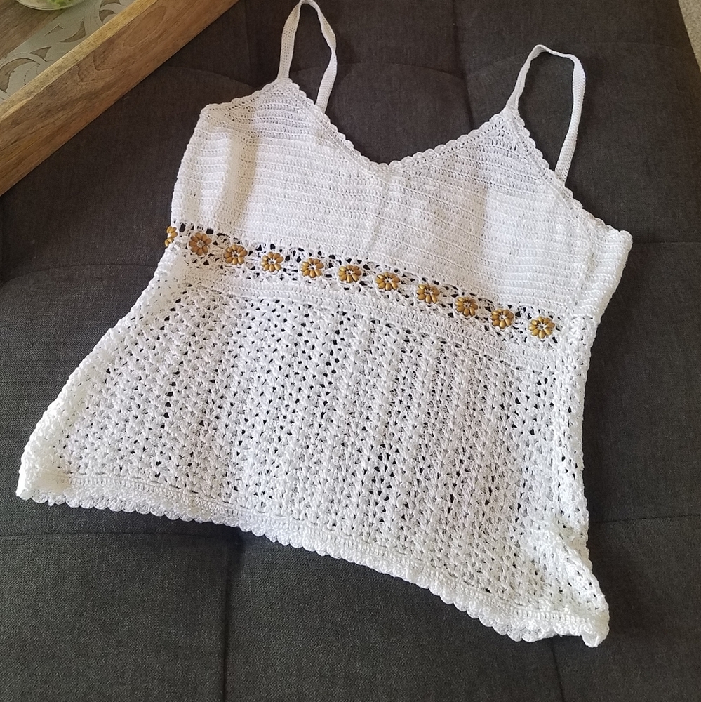 Boho White Crochet Lace Beaded Cami Top from Greece